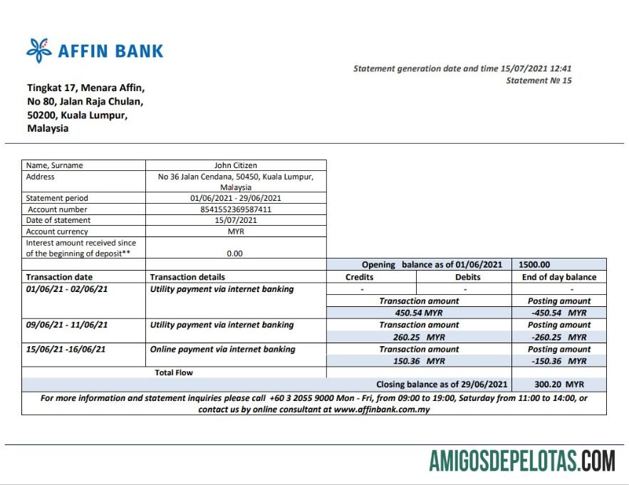 Exemplo de extrato bancário Affin da Malásia