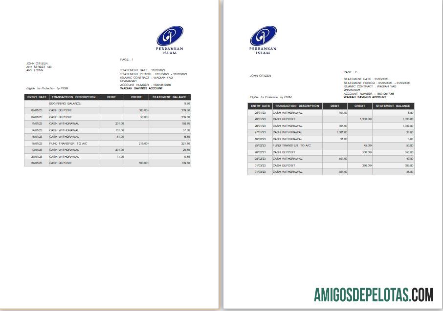 Exemplo de extrato bancário bancário islâmico da Malásia, modelo Word e PDF