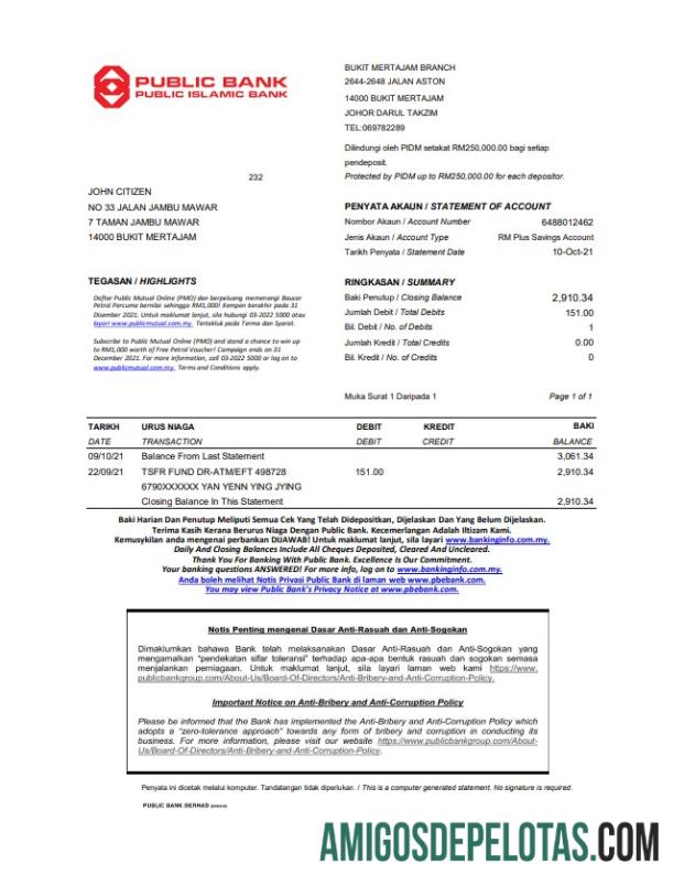 Extrato bancário público da Malásia para impressão, modelo fácil de preencher em formato Excel e PDF