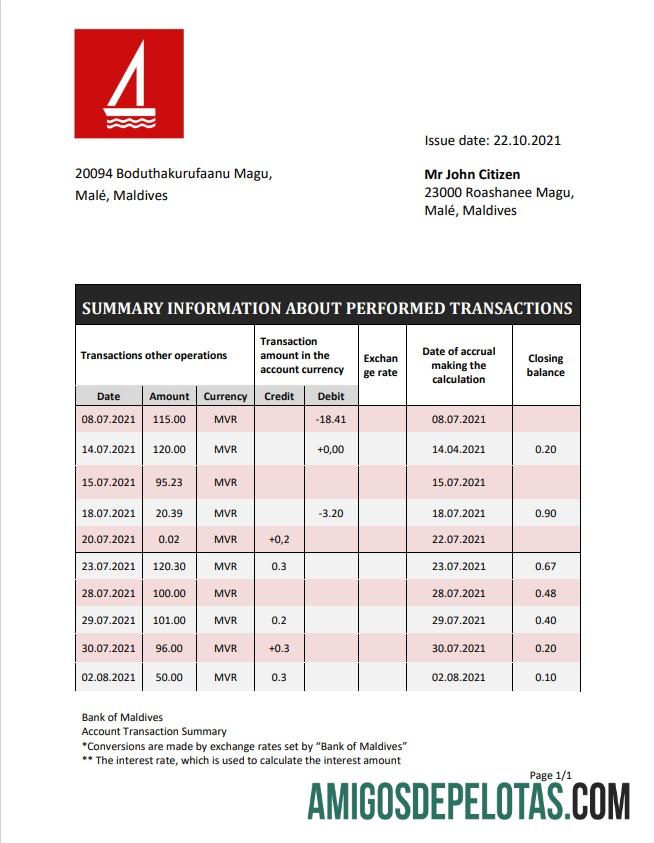 Maldives Bank Of Maldives Statement amostra
