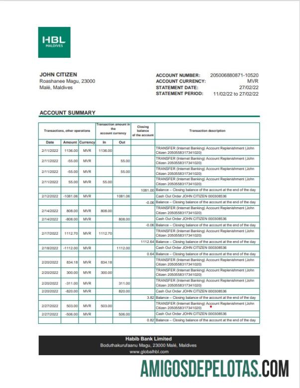 Extrato bancário HBL das Maldivas para impressão em Excel e modelo PDF
