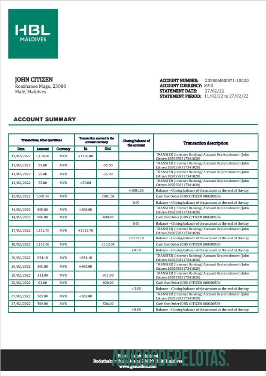 Maldives HBL extrato bancário amostra