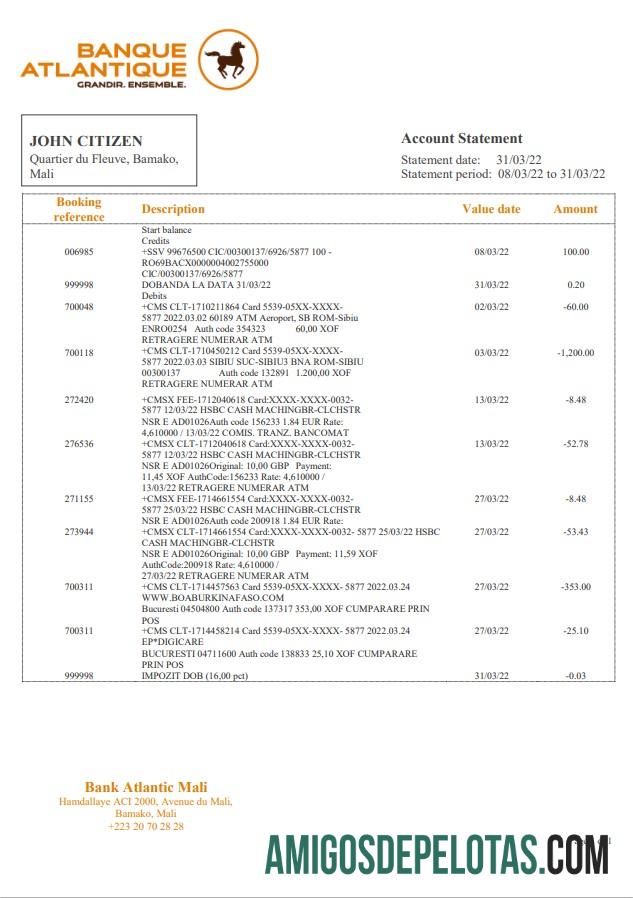 Mali Banque Atlantiaque extrato bancário amostra