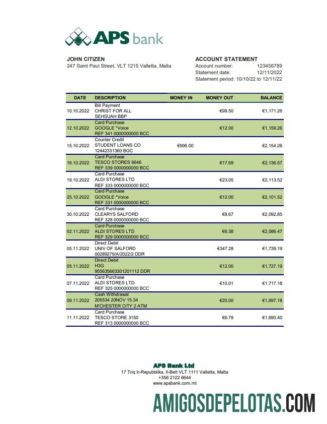 Malta APS Bank Statement Xls amostra