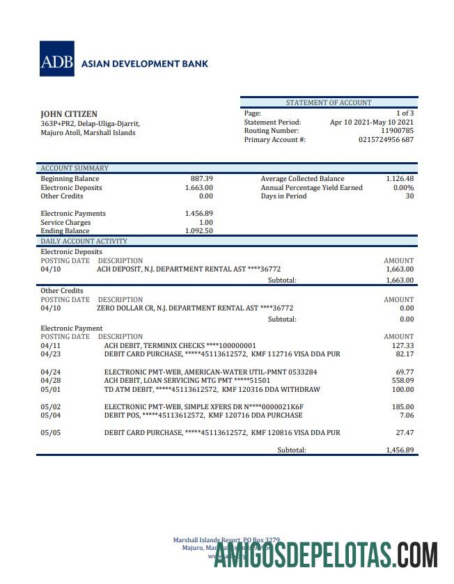 Modelo de extrato bancário ADB das Ilhas Marshall