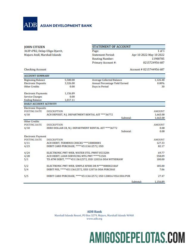 Exemplo de extrato bancário ADB das Ilhas Marshall Xls