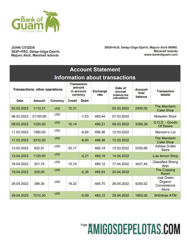 Exemplo de extrato bancário do Banco de Guam das Ilhas Marshall