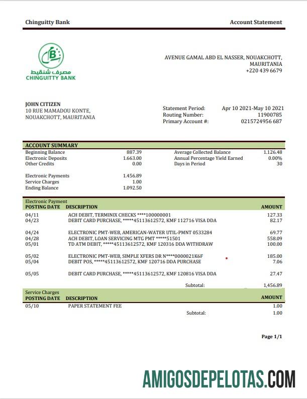 Modelo de extrato bancário da Mauritânia Chinguitty para download em formato Word e PDF