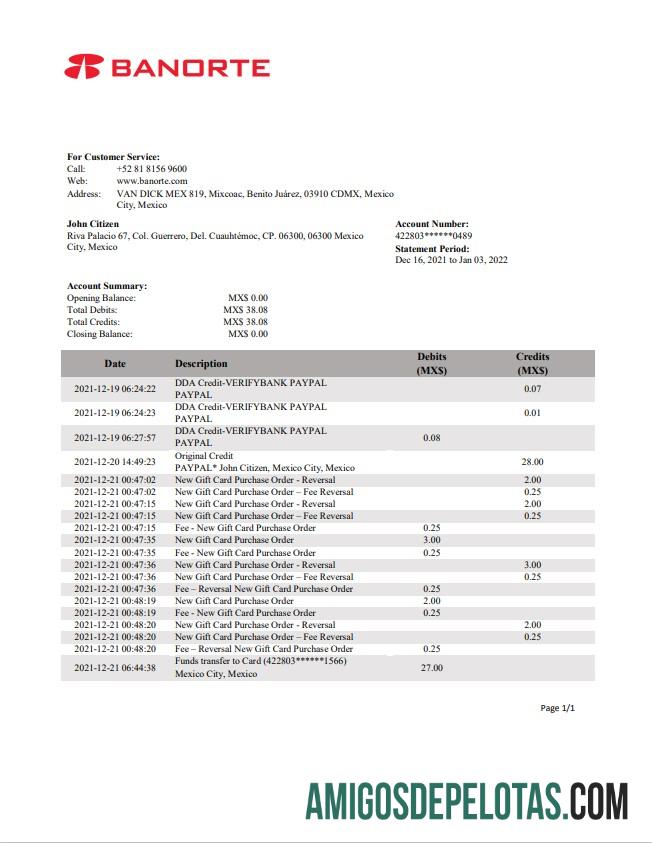 Exemplo de extrato bancário do México Banorte