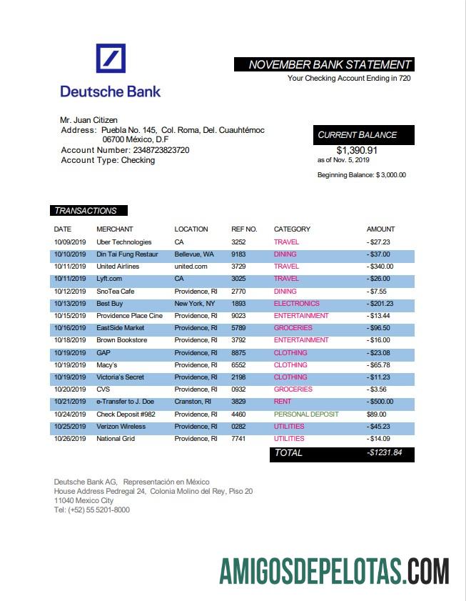 Mexico Deutsche modelo de extrato bancário
