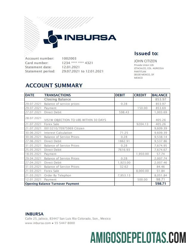 Extrato bancário do México Inbursa para impressão, modelo fácil de preencher em formato Excel e PDF