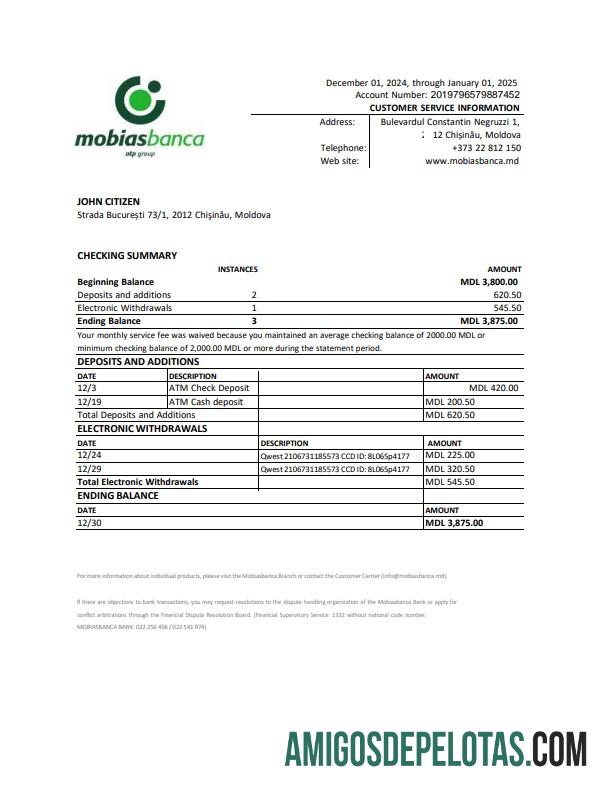 Moldova Mobiasbanca Statement Word And PDF examplo amostra