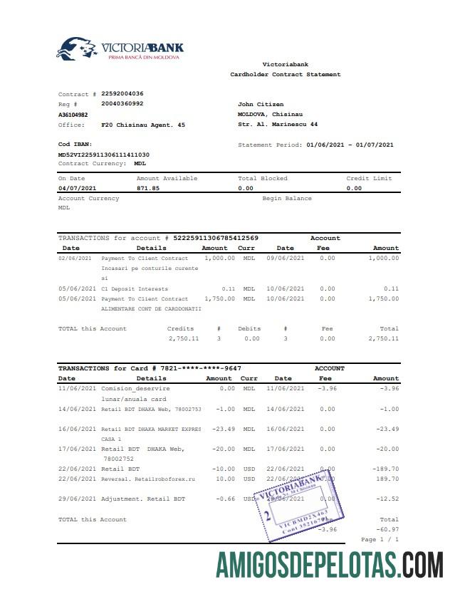 Moldova Victoriabank Excel Pdf amostra
