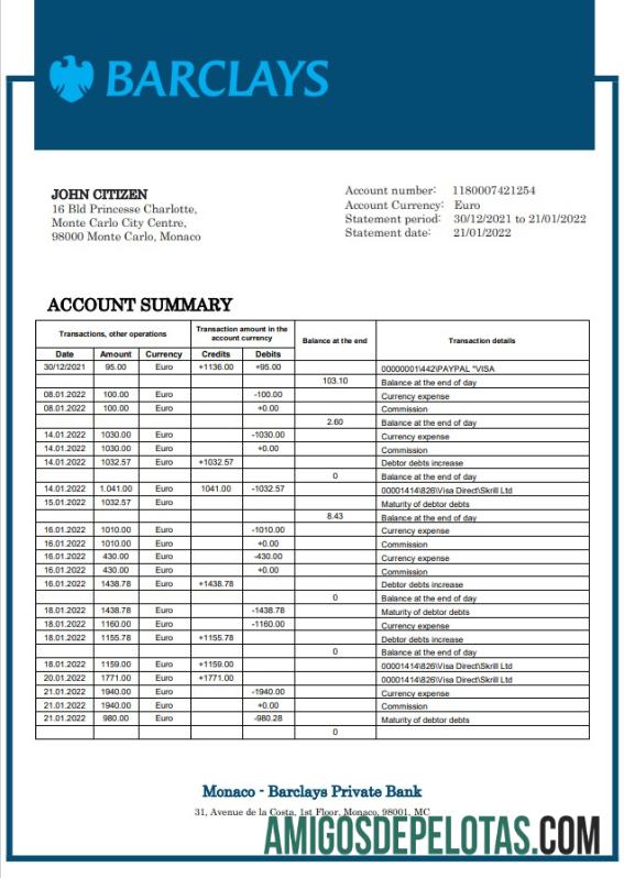 Exemplo de extrato bancário privado do Barclays de Mônaco