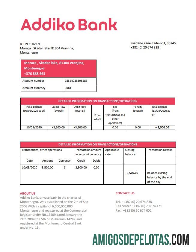 Montenegro Addiko modelo de extrato bancário
