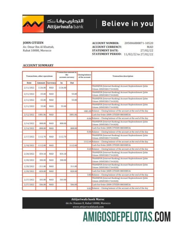 Morocco Attijariwafa Bank Statement Xls amostra