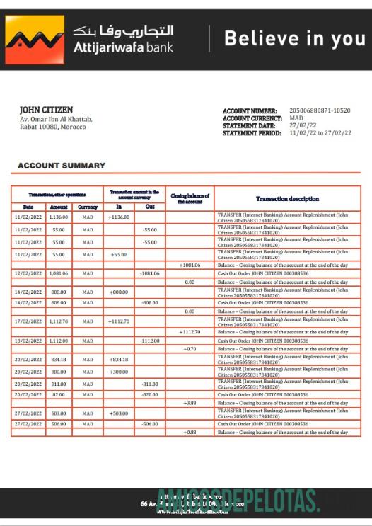 Exemplo de extrato bancário de Marrocos Attijariwafa