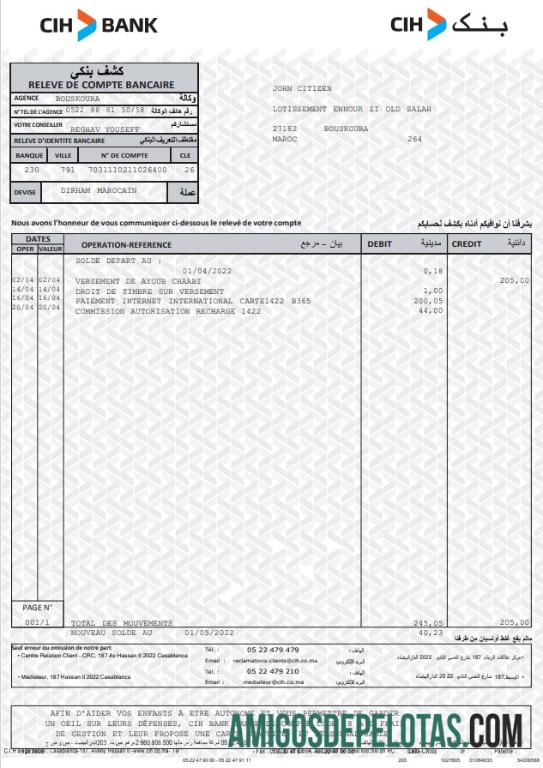 Exemplo de extrato bancário CIH de Marrocos