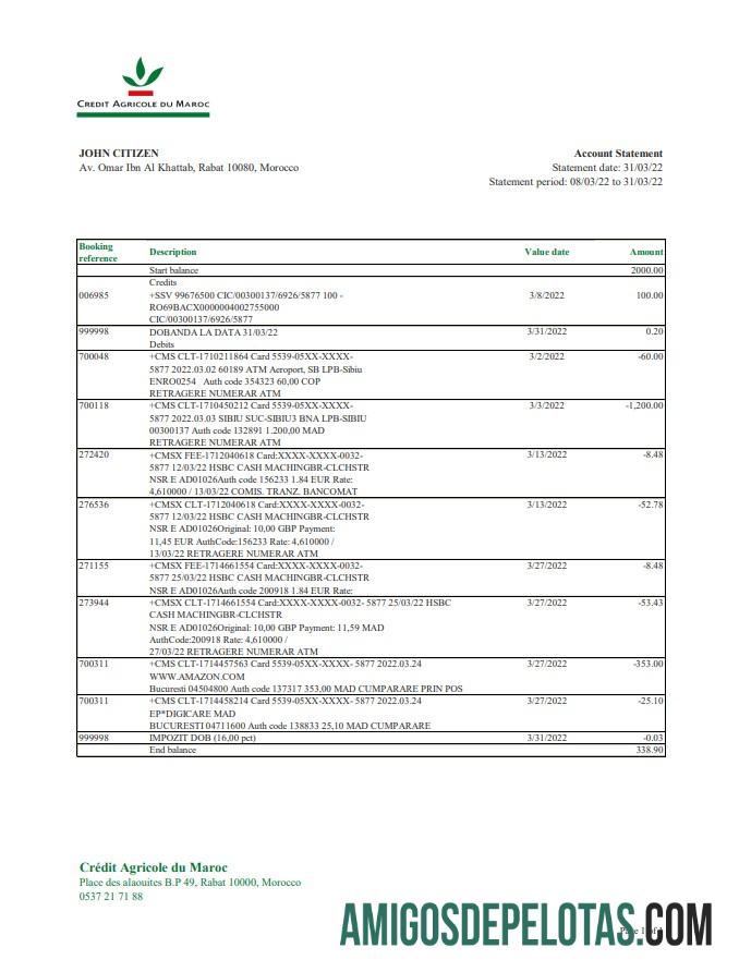 Morocco Credit Agricole extrato bancário amostra