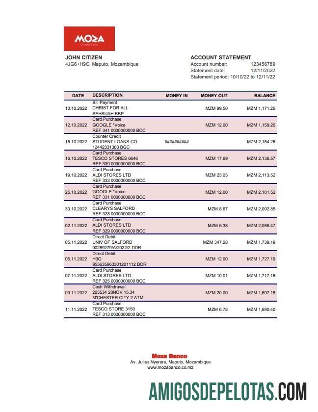 Mozambique Moza Bank Statement Xls modelo