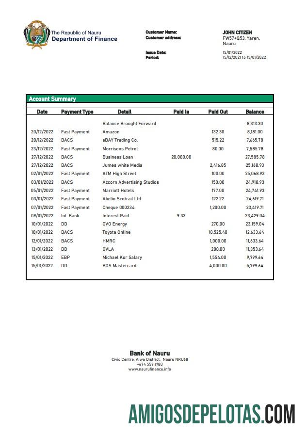 Nauru Bank Of Nauru Bank Statement examplo