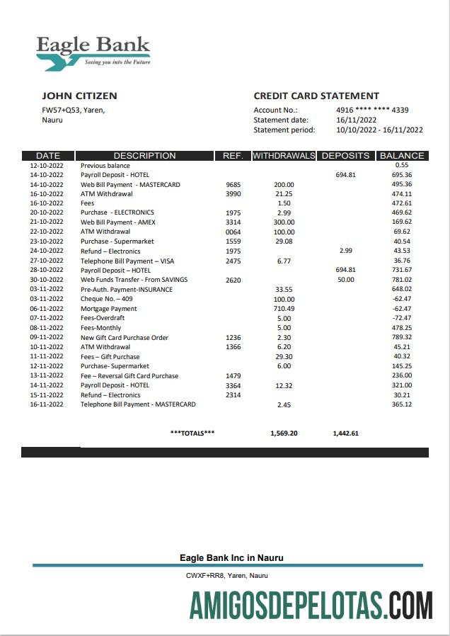 Nauru Eagle modelo de extrato bancário