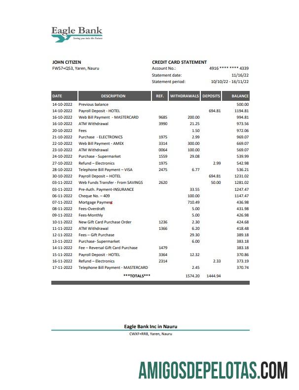 Extrato bancário Nauru Eagle para download em Excel e modelo PDF