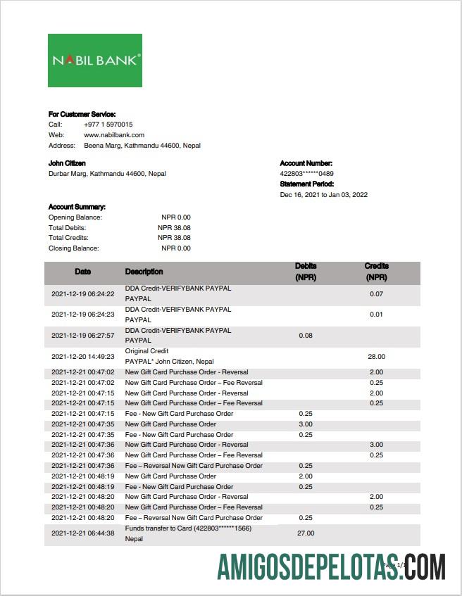 Nepal Nabil modelo de extrato bancário