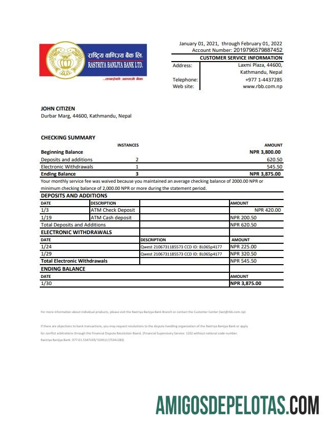 Modelo Salus de extrato do banco comercial nacional do Nepal