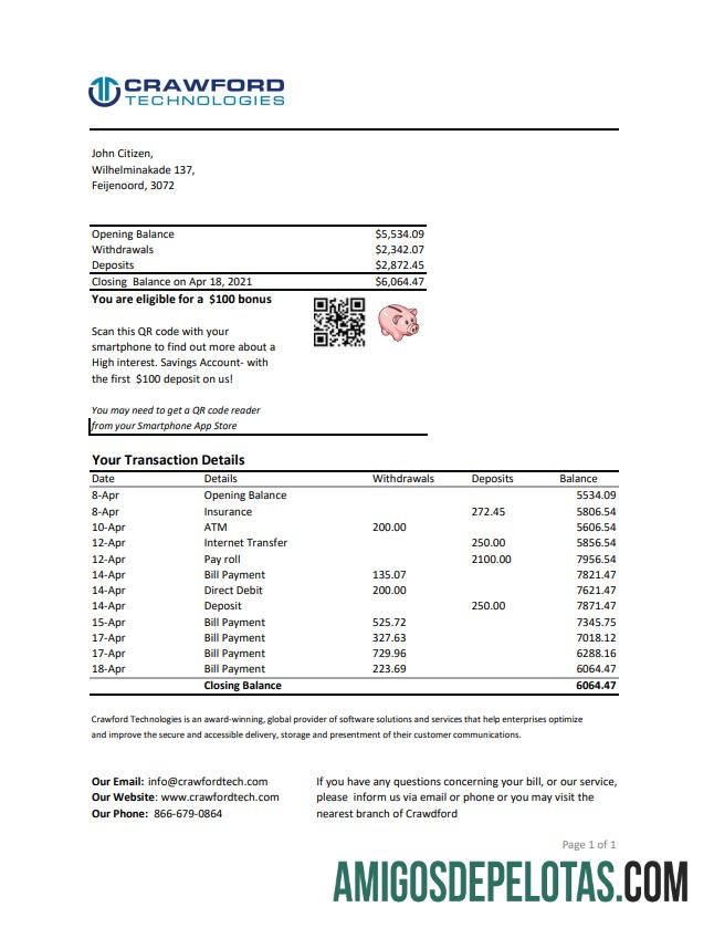 Holanda realista (Holanda) Crawford Technologies Extrato bancário Modelo fácil de preencher em formato Excel e PDF