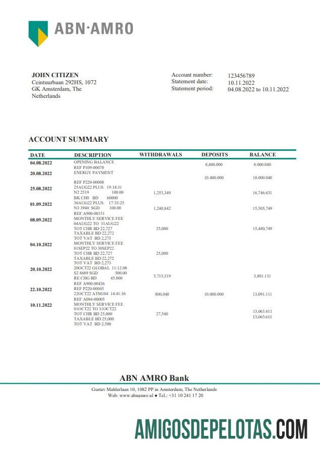 Netherlands ABN AMRO extrato bancário amostra