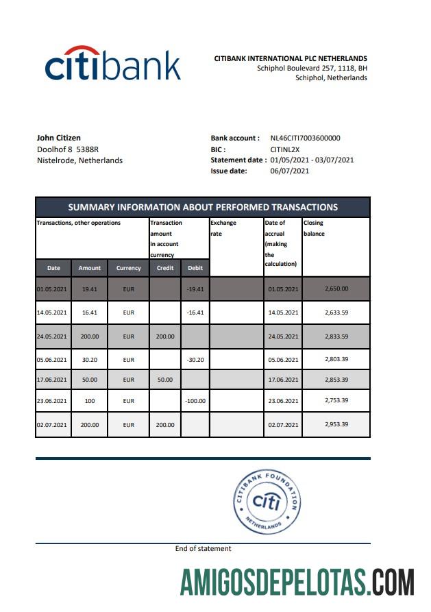 Netherlands Citibank Excel amostra