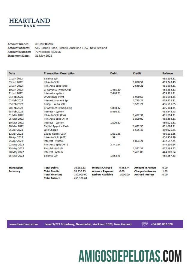 New Zealand Heartland extrato bancário amostra