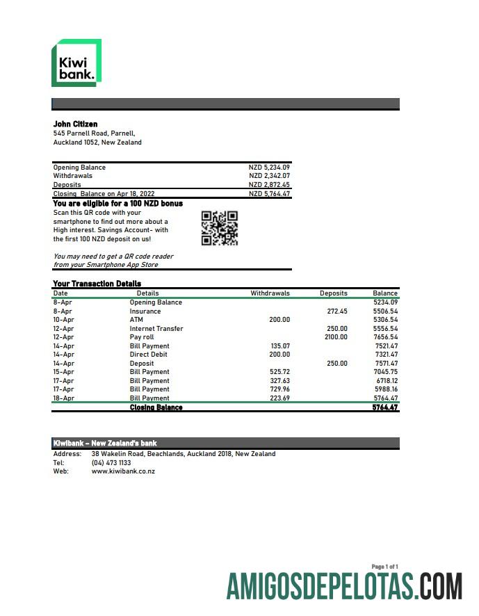 New Zealand Kiwibank Statement Xls amostra