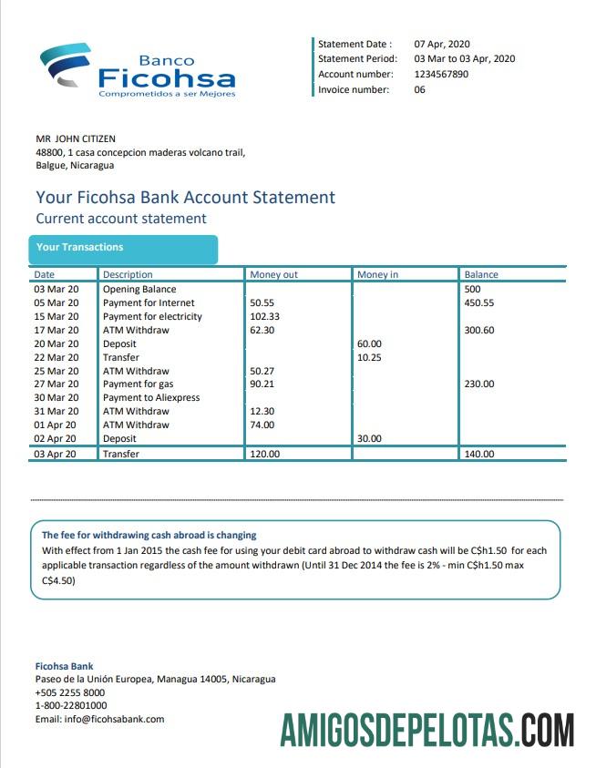 Nicaragua Banco Ficohsa extrato bancário amostra