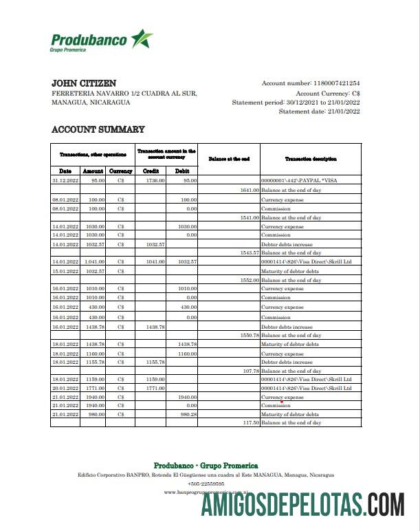 Imprimível Nicarágua Banco De La Produccion Extrato bancário Excel e modelo PDF