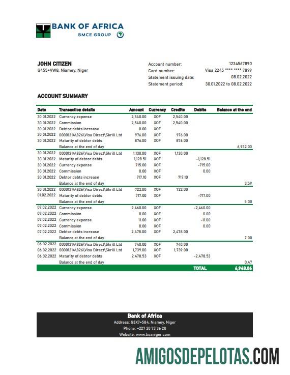 Modelo realista de extrato bancário do Niger Bank Of Africa em Excel e PDF