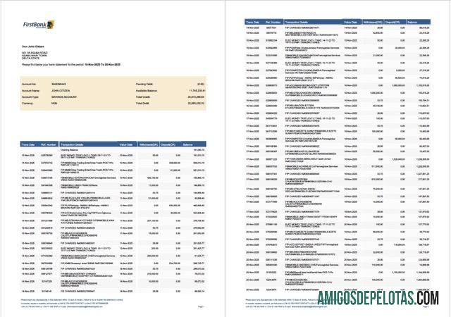 Primeiro extrato de conta bancária da Nigéria para impressão, modelo Word e PDF, 2 páginas