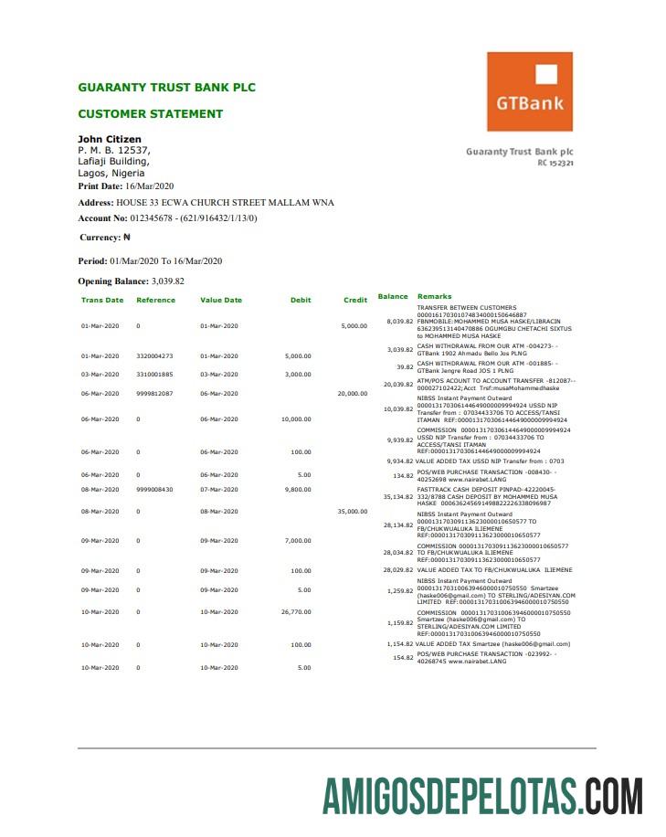 em branco Modelo de comprovante de endereço do GTBank da Nigéria em formato Word e PDF