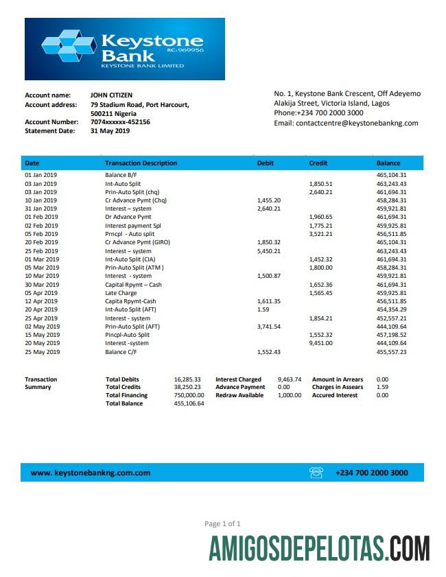 Nigeria Keystone modelo de extrato bancário