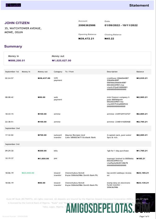 Declaração do KudaBank da Nigéria para download, modelo Word e PDF, 4 páginas