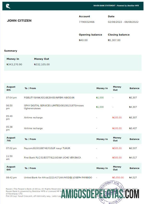 Extrato bancário da Nigéria Raven para download Word e PDF modelo Scr