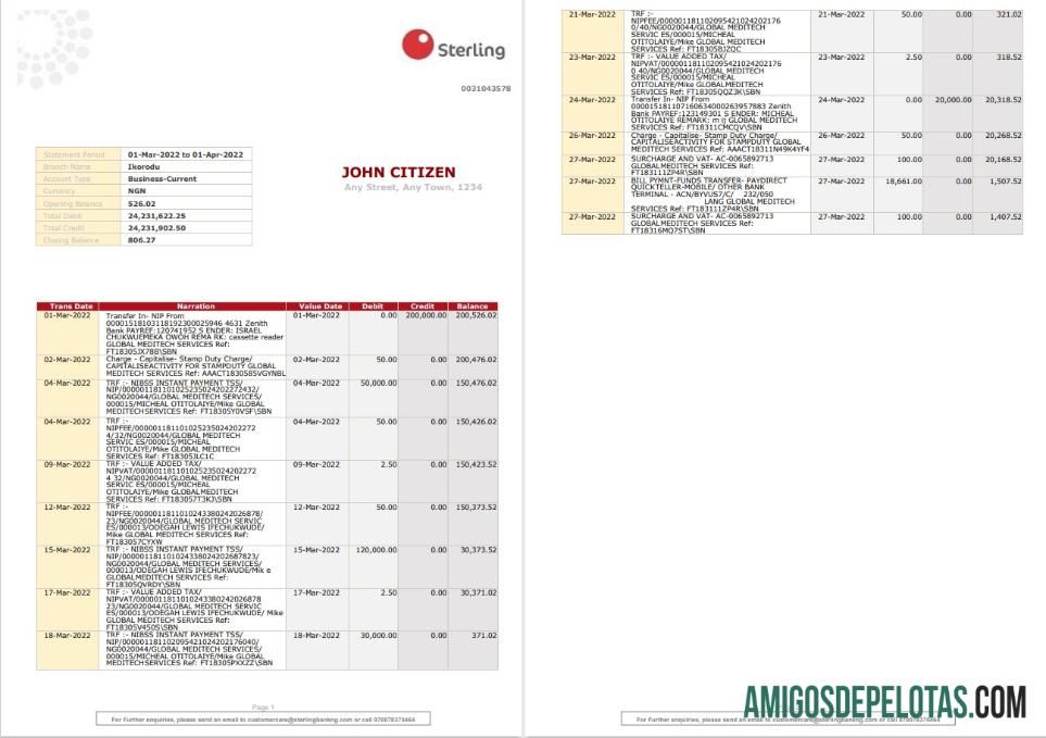 Exemplo de extrato bancário em libras esterlinas da Nigéria