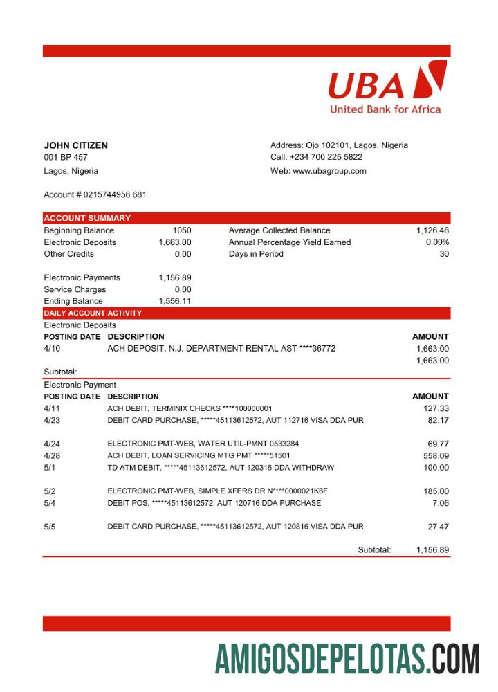 Extrato bancário UBA da Nigéria em modelo Excel e formato PDF