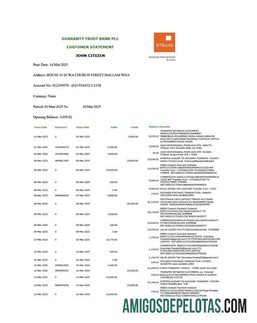 em branco Nigéria Guaranty Trust Bank Plc Extrato de conta modelo Word e PDF, versão 2