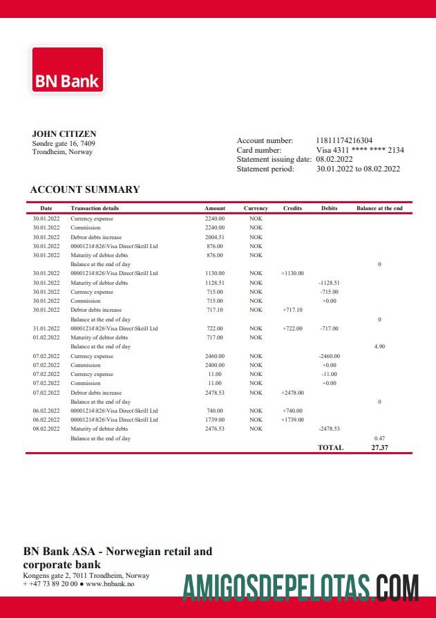 Exemplo de extrato bancário BN da Noruega