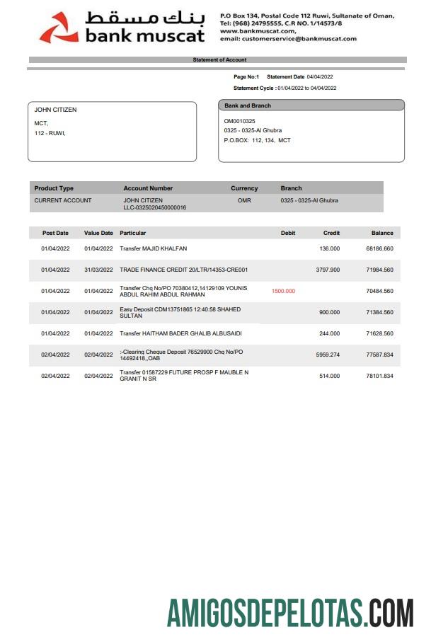 Exemplo de extrato bancário do Oman Bank Muscat