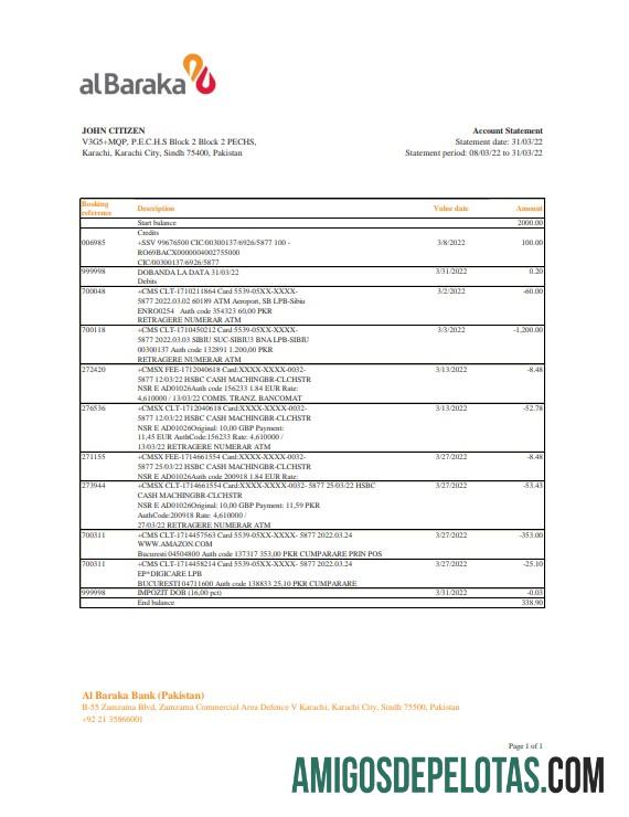 Extrato bancário do Paquistão Al Baraka para impressão em Excel e modelo PDF