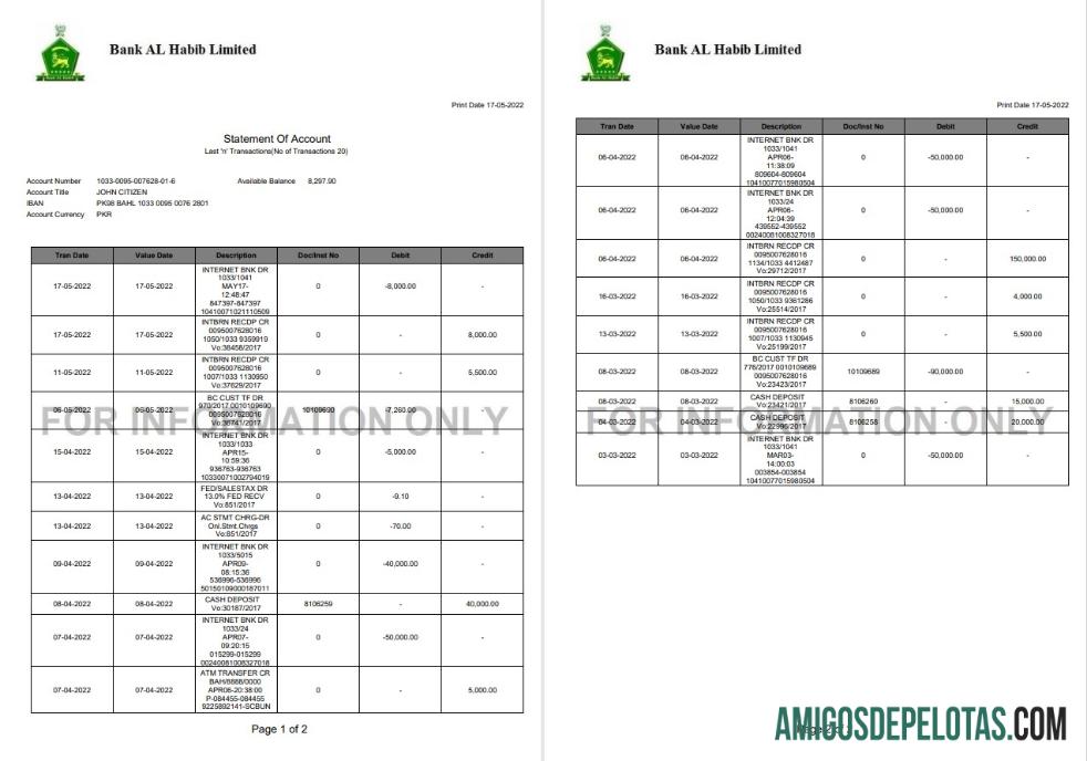 Exemplo de declaração de 2 páginas do Banco do Paquistão Al Habib