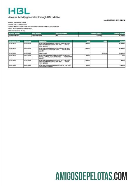 em branco Paquistão HBL Extrato de conta modelo Word e PDF